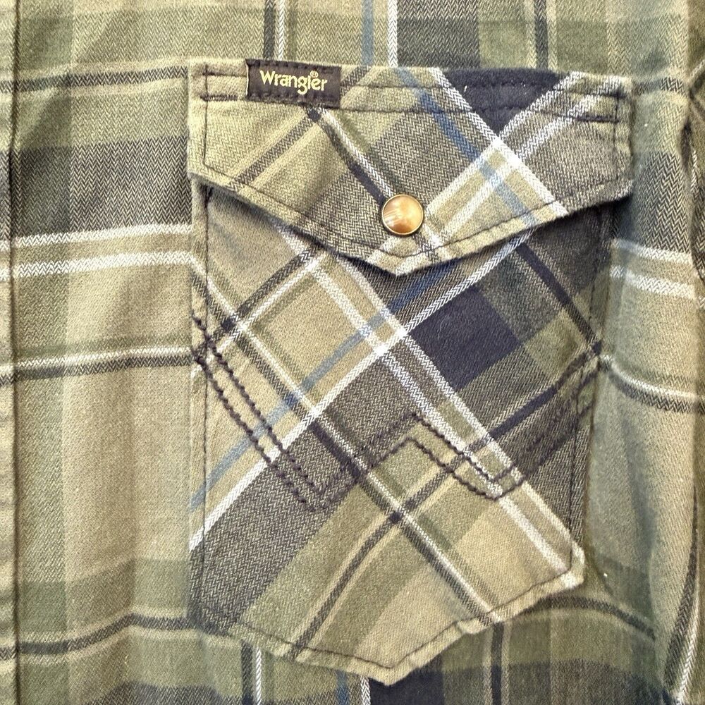 VTG Wrangler PearlSnap Mens Shirt XL Olive Green Plaid Brushpopper Western Rodeo - Picture 4 of 7